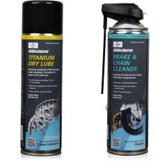 ZESTAW DO KONSERWACJI ŁAŃCUCHA SILKOLENE TITANIUM DRY LUBE SPRAY + BRAKE & CHAIN CLEANER SPRAY, Opakowanie / zestaw: 500 ml SPRAY x 2 - sklep olejefuchs.pl