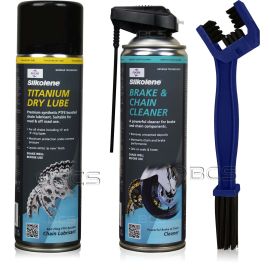 ZESTAW DO KONSERWACJI ŁAŃCUCHA TITANIUM DRY LUBE SPRAY + BRAKE & CHAIN CLEANER SPRAY + SZCZOTKA, Opakowanie / zestaw: 500 ml SPRAY x 2 + SZCZOTKA - sklep olejefuchs.pl