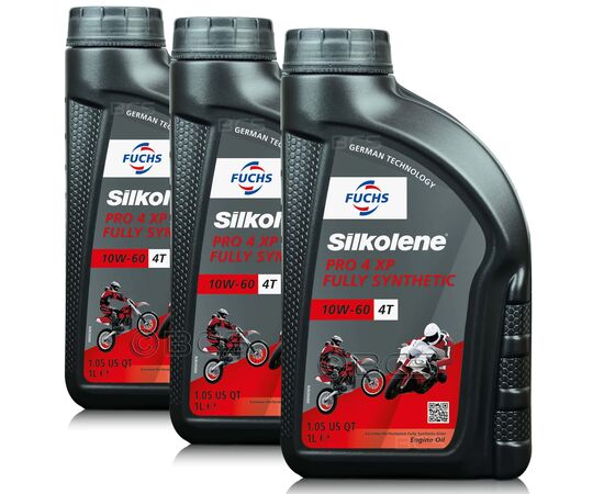 3 litry FUCHS SILKOLENE PRO 4 10W60 XP - syntetyczny (full synthetic) olej silnikowy (4T) do motocykli - ZESTAW - TANIEJ, Opakowanie / zestaw: 3 litry (3 x 1 litr), Lepkość SAE: 10W60 - sklep olejefuchs.pl