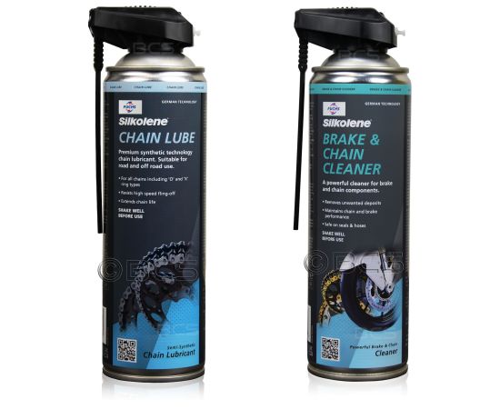 ZESTAW DO KONSERWACJI ŁAŃCUCHA SILKOLENE CHAIN LUBE +  BRAKE CLEANER, Opakowanie / zestaw: 500 ml SPRAY x 2 - sklep olejefuchs.pl