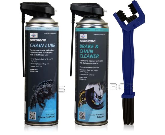 ZESTAW DO KONSERWACJI ŁAŃCUCHA CHAIN LUBE +  BRAKE CLEANER + SZCZOTKA, Opakowanie / zestaw: 500 ml SPRAY x 2 + SZCZOTKA - sklep olejefuchs.pl