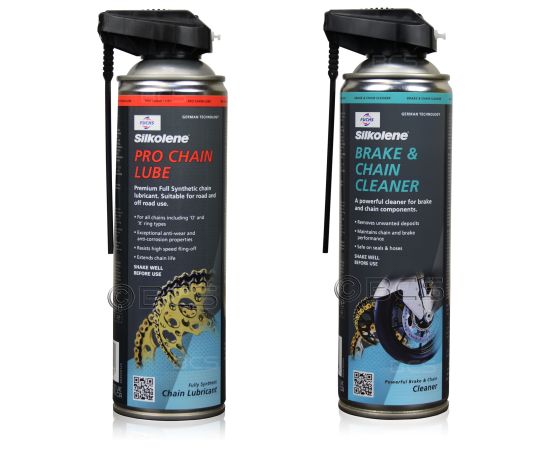 ZESTAW DO KONSERWACJI ŁAŃCUCHA SILKOLENE PRO CHAIN LUBE SPRAY + BRAKE & CHAIN CLEANER SPRAY, Opakowanie / zestaw: 500 ml SPRAY x 2 - sklep olejefuchs.pl