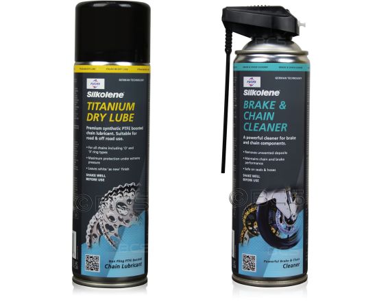 ZESTAW DO KONSERWACJI ŁAŃCUCHA SILKOLENE TITANIUM DRY LUBE SPRAY + BRAKE & CHAIN CLEANER SPRAY, Opakowanie / zestaw: 500 ml SPRAY x 2 - sklep olejefuchs.pl