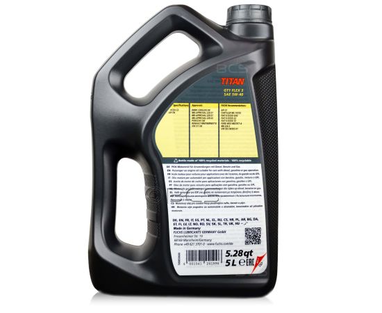 5 litrów FUCHS TITAN GT1 FLEX 3 5W40 - ACEA C3, API SN, MB 229.31, MB 229.51, MB 229.52, VW 505 00/505 01, BMW LL-04 - olej silnikowy, Opakowanie / zestaw: 5 litrów, 2. zdjęcie - sklep olejefuchs.pl
