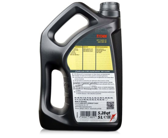7 litrów FUCHS TITAN GT1 FLEX C2 0W30 - olej silnikowy - ZESTAW - TANIEJ, Opakowanie / zestaw: 7 litrów (5 litrów + 2 litry), Lepkość SAE: 0W30, 2. zdjęcie - sklep olejefuchs.pl