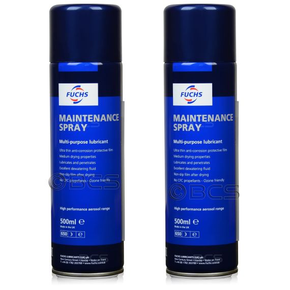 2 sztuki FUCHS MAINTENANCE SPRAY – wielofunkcyjny preparat smarny, antykorozyjny i wypierający wilgoć - 500 ml, Opakowanie / zestaw: 500 ml SPRAY x 2 - sklep olejefuchs.pl