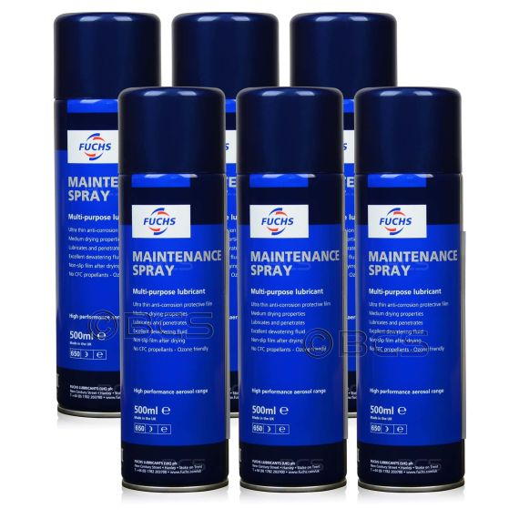 6 sztuk FUCHS MAINTENANCE SPRAY – wielofunkcyjny preparat smarny, antykorozyjny i wypierający wilgoć - 500 ml, Opakowanie / zestaw: 500 ml SPRAY x 6 - sklep olejefuchs.pl