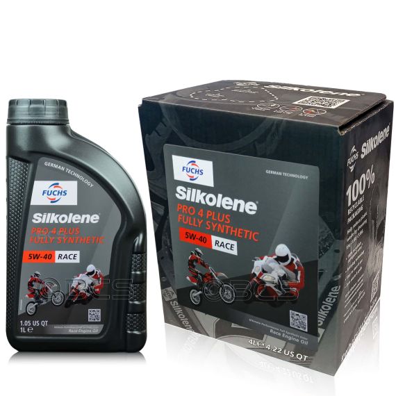 5 litrów FUCHS SILKOLENE PRO 4 PLUS 5W40 RACE - syntetyczny (fully synthetic) olej silnikowy (4T) do motocykli wyczynowych - ZESTAW - TANIEJ, Opakowanie / zestaw: 5 litrów (4 litry + 1 litr) - sklep olejefuchs.pl