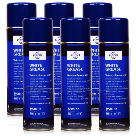 6 sztuk FUCHS WHITE GREASE SPRAY - wodoodporny biały smar - 500 ml - ZESTAW - TANIEJ, Opakowanie / zestaw: 500 ml SPRAY x 6 - sklep olejefuchs.pl