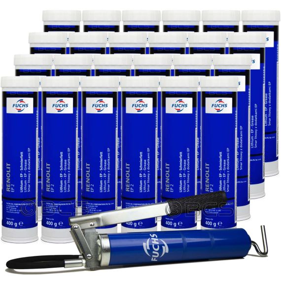 24 sztuki FUCHS RENOLIT EP 2 400 g - wielofunkcyjny smar litowy + SMAROWNICA - ZESTAW, Klasa konsystencji NLGI: NLGI 2, Opakowanie / zestaw: 400 g x 24 + smarownica - sklep olejefuchs.pl