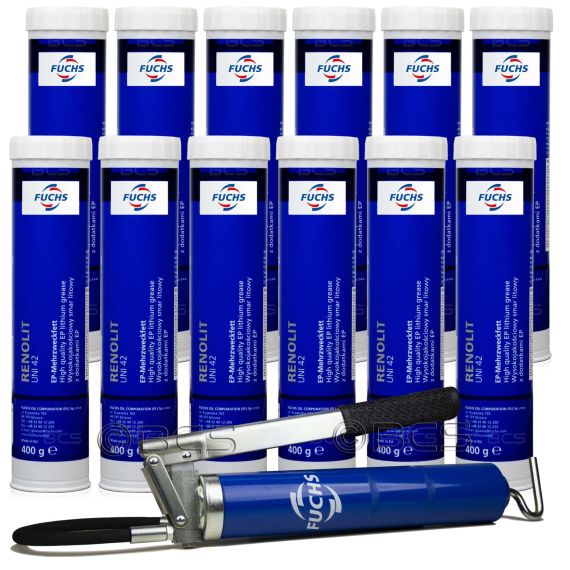 12 sztuk FUCHS RENOLIT UNI 42 400 g - smar litowy z EP2 + SMAROWNICA - ZESTAW, Klasa konsystencji NLGI: NLGI 2, Opakowanie / zestaw: 400 g x 12 + smarownica - sklep olejefuchs.pl
