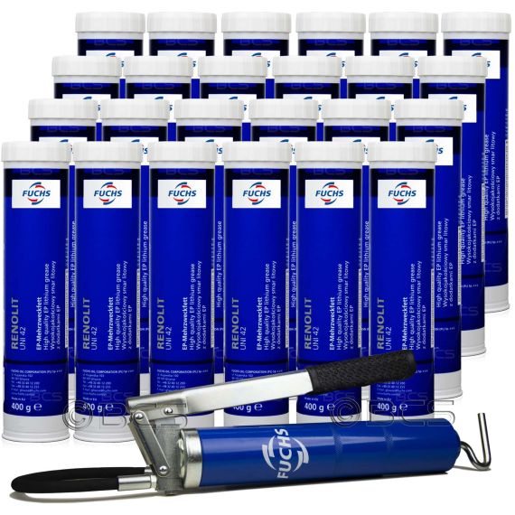 24 sztuki FUCHS RENOLIT UNI 42 400 g - smar litowy z EP2 + SMAROWNICA - ZESTAW, Klasa konsystencji NLGI: NLGI 2, Opakowanie / zestaw: 400 g x 24 + smarownica - sklep olejefuchs.pl