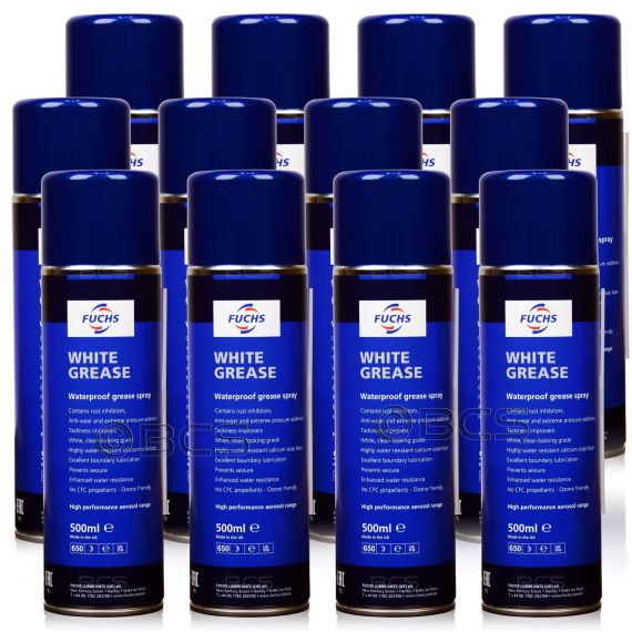12 sztuk FUCHS WHITE GREASE SPRAY - wodoodporny biały smar - 500 ml - ZESTAW - TANIEJ, Opakowanie / zestaw: 500 ml SPRAY x 12 - sklep olejefuchs.pl