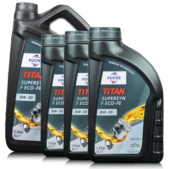 8 litrów FUCHS TITAN SUPERSYN F Eco-FE 0W30 - FORD WSS-M2C950-A, ACEA C2 - olej silnikowy - ZESTAW - TANIEJ, Opakowanie / zestaw: 8 litrów (5 litrów + 3 x 1 litr) - sklep olejefuchs.pl