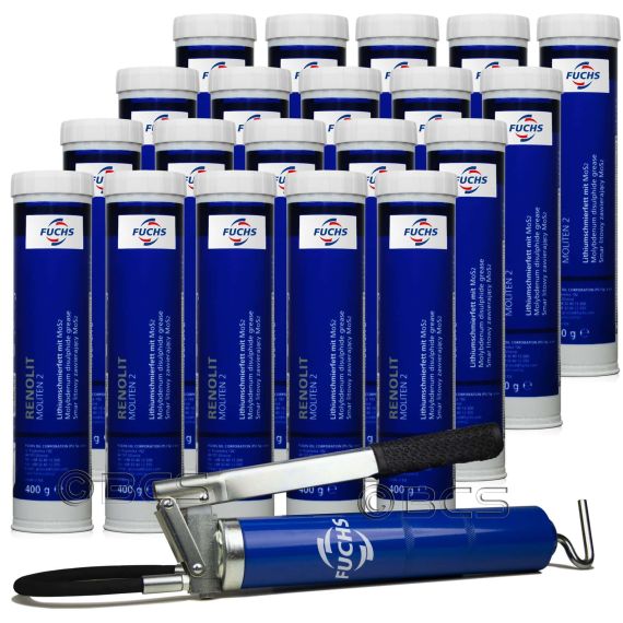 20 sztuk FUCHS RENOLIT MOLITEN 2 400 g - smar litowy z dwusiarczkiem molibdenu + SMAROWNICA - ZESTAW, Opakowanie / zestaw: 400 g x 20 + smarownica - sklep olejefuchs.pl