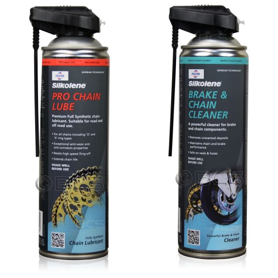 ZESTAW DO KONSERWACJI ŁAŃCUCHA SILKOLENE PRO CHAIN LUBE SPRAY + BRAKE & CHAIN CLEANER SPRAY, Opakowanie / zestaw: 500 ml SPRAY 1+1 - sklep olejefuchs.pl