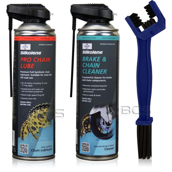 ZESTAW DO KONSERWACJI ŁAŃCUCHA PRO CHAIN LUBE SPRAY + BRAKE & CHAIN CLEANER SPRAY + SZCZOTKA, Opakowanie / zestaw: 500 ml SPRAY x 2 + SZCZOTKA - sklep olejefuchs.pl