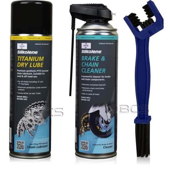 ZESTAW DO KONSERWACJI ŁAŃCUCHA TITANIUM DRY LUBE SPRAY + BRAKE & CHAIN CLEANER SPRAY + SZCZOTKA, Opakowanie / zestaw: 500 ml SPRAY x 2 + SZCZOTKA - sklep olejefuchs.pl