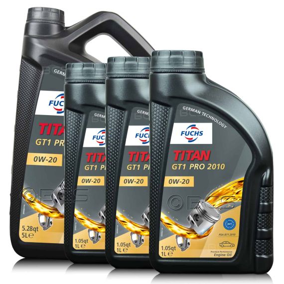 8 litrów FUCHS TITAN GT1 PRO 2010 0W20 - PSA B71 2010, ACEA C5, API SP - olej silnikowy - ZESTAW - TANIEJ, Opakowanie / zestaw: 8 litrów (5 litrów + 3 x 1 litr), Lepkość SAE: 0W20 - sklep olejefuchs.pl