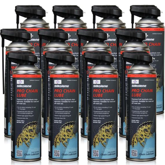 12 sztuk FUCHS SILKOLENE PRO CHAIN LUBE SPRAY - syntetyczny smar do łańcucha motocyklowego - 500 ml - ZESTAW - TANIEJ, Opakowanie / zestaw: 500 ml SPRAY x 12 - sklep olejefuchs.pl
