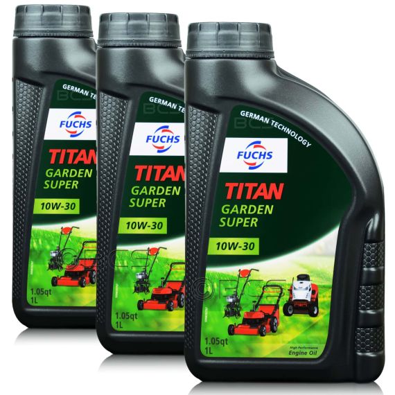 3 litry FUCHS TITAN GARDEN SUPER 10W30 - olej do narzędzi ogrodniczych z silnikami czterosuwowymi (4T) - ZESTAW - TANIEJ, Opakowanie / zestaw: 3 litry (3 x 1 litr), Lepkość SAE: 10W30 - sklep olejefuchs.pl