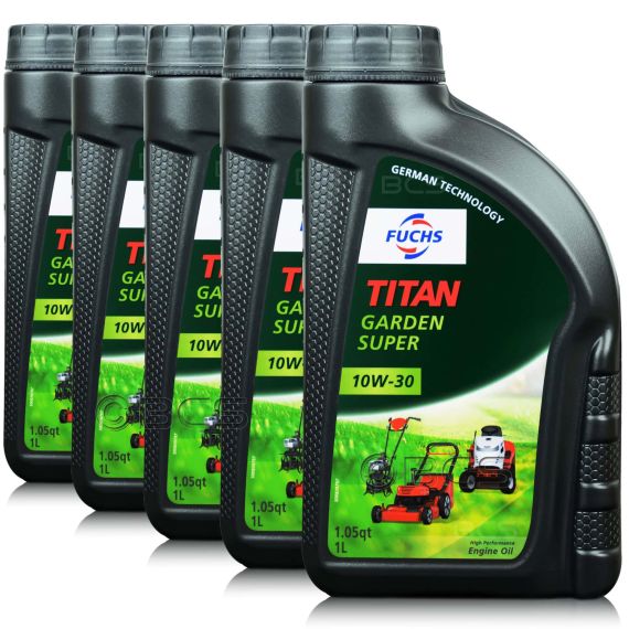 5 litrów FUCHS TITAN GARDEN SUPER 10W30 - olej do narzędzi ogrodniczych z silnikami czterosuwowymi (4T) - ZESTAW - TANIEJ, Opakowanie / zestaw: 5 litrów (5 x 1 litr), Lepkość SAE: 10W30 - sklep olejefuchs.pl
