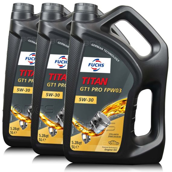 15 litrów FUCHS TITAN GT1 PRO FPW03 5W30 STELLANTIS FPW9.55535/03, ACEA C3, API SN PLUS - olej silnikowy - ZESTAW - TANIEJ, Opakowanie / zestaw: 15 litrów (3 x 5 litrów), Lepkość SAE: 5W30 - sklep olejefuchs.pl