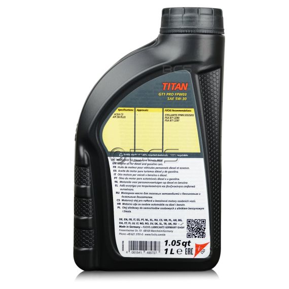 1 litr FUCHS TITAN GT1 PRO FPW03 5W30 STELLANTIS FPW9.55535/03, ACEA C3, API SN PLUS - olej silnikowy, Opakowanie / zestaw: 1 litr, Lepkość SAE: 5W30, 2. zdjęcie - sklep olejefuchs.pl
