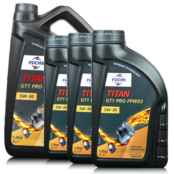 8 litrów FUCHS TITAN GT1 PRO FPW03 5W30 STELLANTIS FPW9.55535/03, ACEA C3, API SN PLUS - olej silnikowy - ZESTAW - TANIEJ, Opakowanie / zestaw: 8 litrów (5 litrów + 3 x 1 litr), Lepkość SAE: 5W30 - sklep olejefuchs.pl