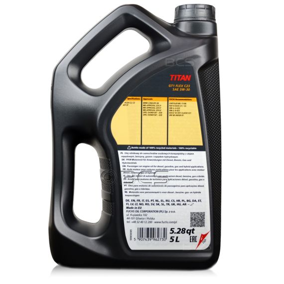 7 litrów FUCHS TITAN GT1 FLEX C23 5W30 - ACEA C2 C3, API SQ SP, MB 229.31 MB 229.51, MB 229.52, OPEL D30 G30 - olej silnikowy - ZESTAW - TANIEJ, Opakowanie / zestaw: 7 litrów (5 litrów + 2 litry), 2. zdjęcie - sklep olejefuchs.pl