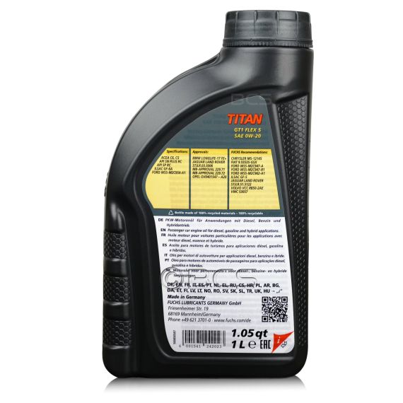 1 litr FUCHS TITAN GT1 FLEX 5 0W20 - ACEA C5/C6, API SN PLUS/SP, MB 229.71, MB 229.72, BMW LL-17 FE+, FORD WSS-M2C954-A1 - olej silnikowy, Opakowanie / zestaw: 1 litr, 2. zdjęcie - sklep olejefuchs.pl