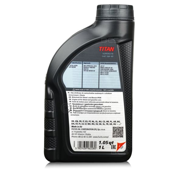 1 litr FUCHS TITAN SUPERSYN 5W40 - ACEA A3/B3 API SN/SM, VW 502 00/505 00, MB 229.3 - olej silnikowy, Opakowanie / zestaw: 1 litr, 3. zdjęcie - sklep olejefuchs.pl