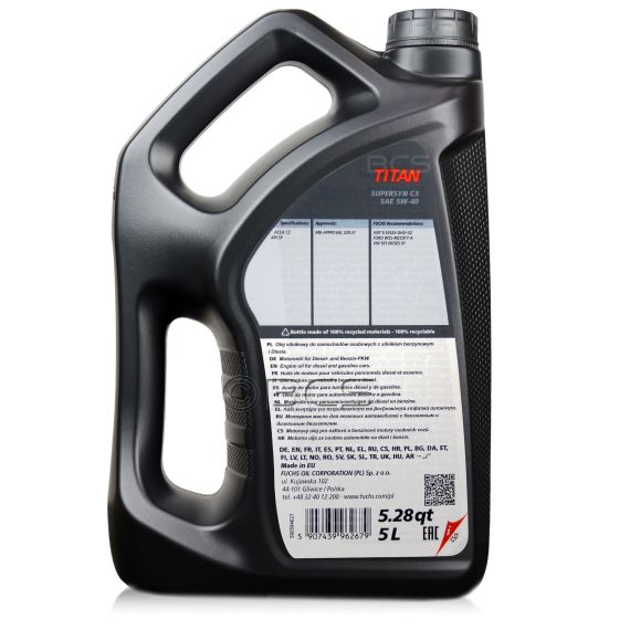 10 litrów FUCHS TITAN SUPERSYN C3 5W40 - ACEA C3, API SP, MB 229.31, VW 505 00/505 01 - olej silnikowy - ZESTAW - TANIEJ, Opakowanie / zestaw: 10 litrów (2 x 5 litrów), 2. zdjęcie - sklep olejefuchs.pl