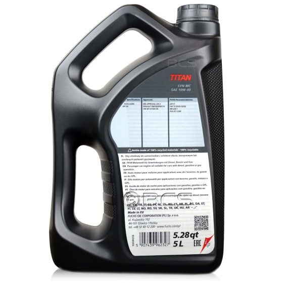 10 litrów FUCHS TITAN SYN MC 10W40 - ACEA A3/B4, API SN, MB 229.3, VW 501 01, VW 505 00, PSA B71 2300 - olej silnikowy - ZESTAW - TANIEJ, Opakowanie / zestaw: 10 litrów (2 x 5 litrów), 2. zdjęcie - sklep olejefuchs.pl