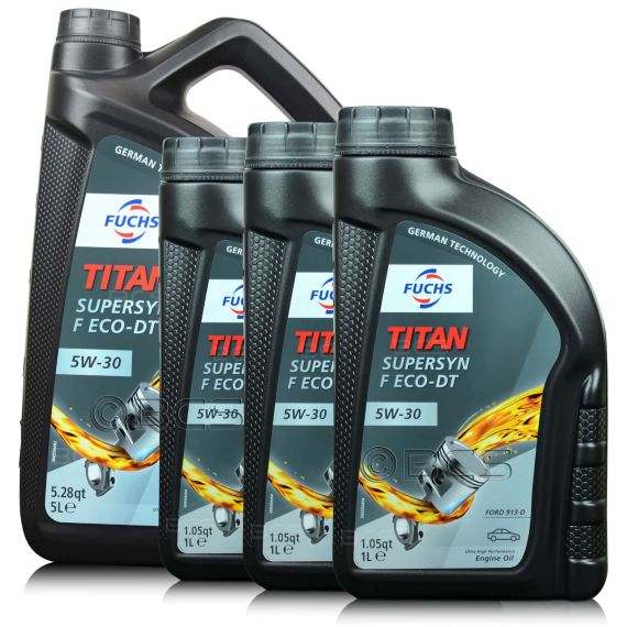 8 litrów FUCHS TITAN SUPERSYN F Eco-DT 5W30 - FORD WSS-M2C913-C, ACEA A5/B5, API SL - olej silnikowy - ZESTAW - TANIEJ, Opakowanie / zestaw: 8 litrów (5 litrów + 3 x 1 litr) - sklep olejefuchs.pl