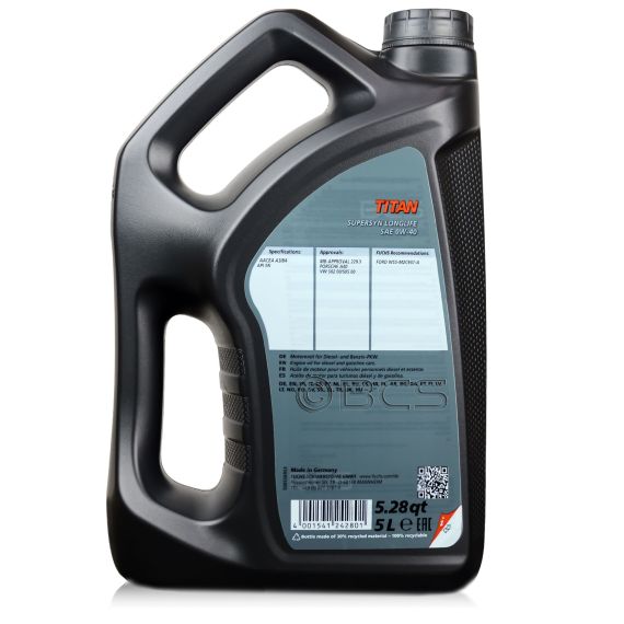 6 litrów FUCHS TITAN SUPERSYN LONGLIFE 0W40 - ACEA A3/B4, API SN/SP, BMW LL-01, FORD WSS-M2C937-A, MB 229.5, VW 502 00, VW 505 00 - olej silnikowy - ZESTAW - TANIEJ, Opakowanie / zestaw: 6 litrów (5 litrów + 1 litr), 2. zdjęcie - sklep olejefuchs.pl